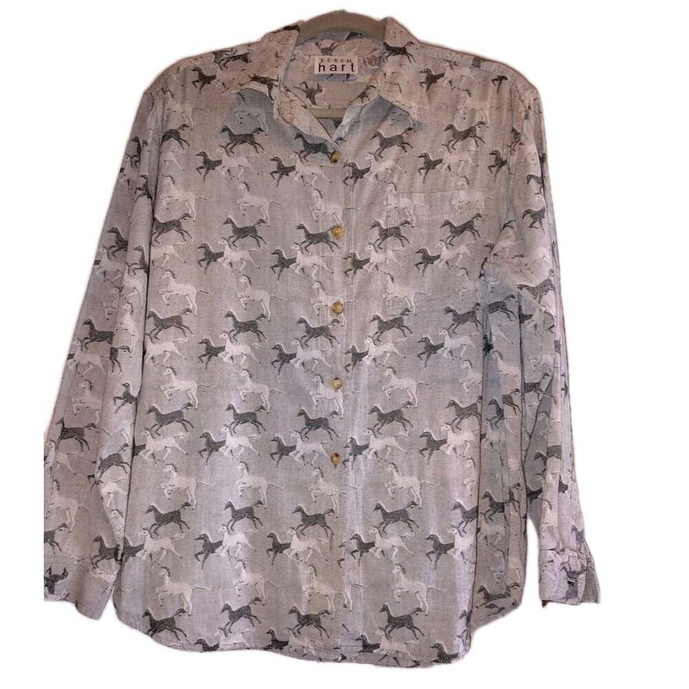 Vintage Keren Hart Horse Print Button Up Shirt Large Gray Cotton Rayon Western